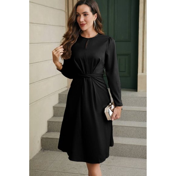 Black Twist Front Tie Back Long Sleeve Satin Dress - Picture 7 of 16